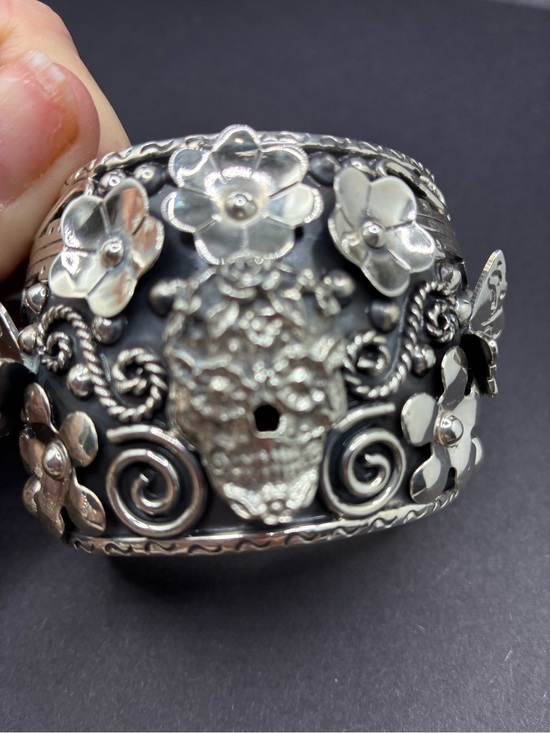 Taxco Jewelry - Taxco Silver Floral Sugar Skull Cuff Bracelet - solid Sterling Silver